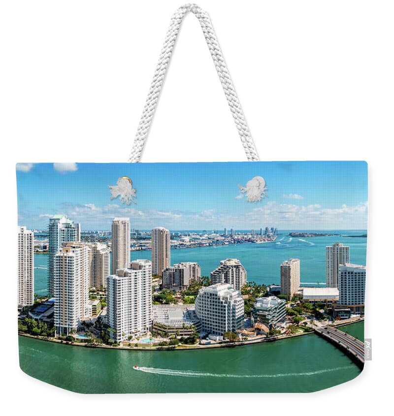 Brickell Weekender Tote Bag featuring the photograph Aerial panorama of Brickell Key in Miami, Florida by Mihai Andritoiu