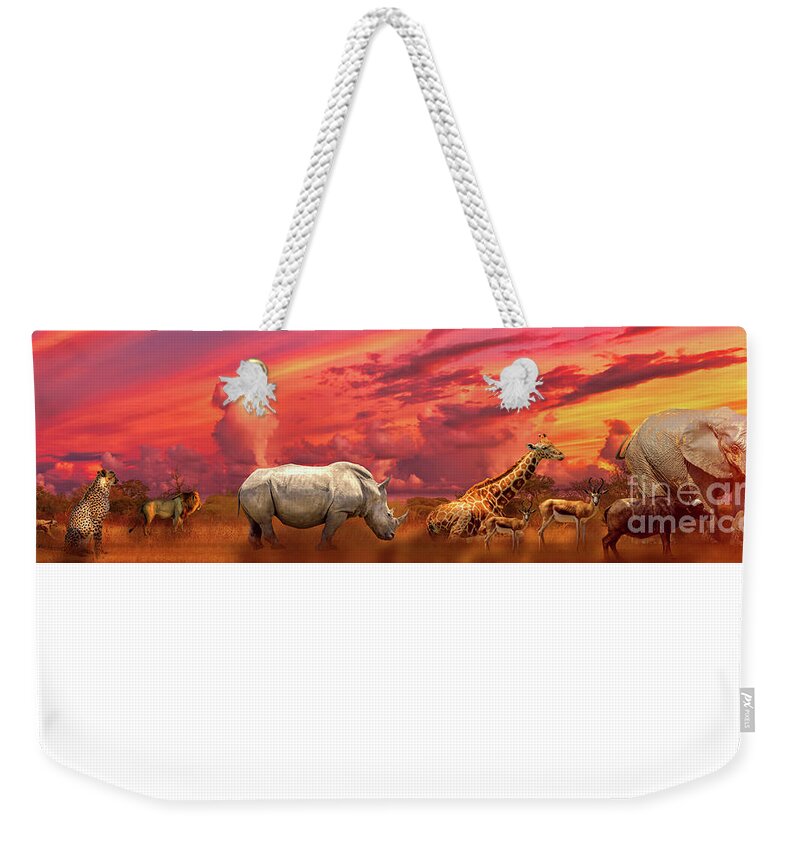 Tanzania Weekender Tote Bag featuring the photograph African animals sunset panorama by Benny Marty