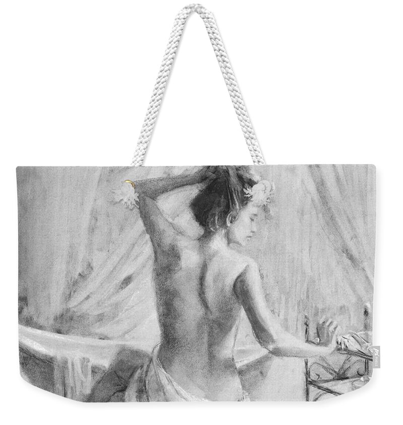 Bath Weekender Tote Bag featuring the drawing After the Bath Grayscale by Steve Henderson