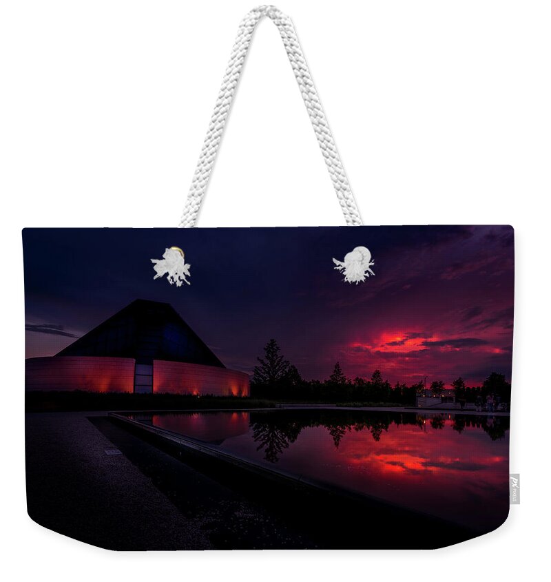 2020 Weekender Tote Bag featuring the photograph Aga-Khan-Museum_Red-Sunset-Toronto by Dee Potter