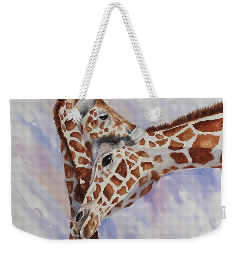 Giraffe Weekender Tote Bag featuring the painting Ah Mom by Mary McCullah