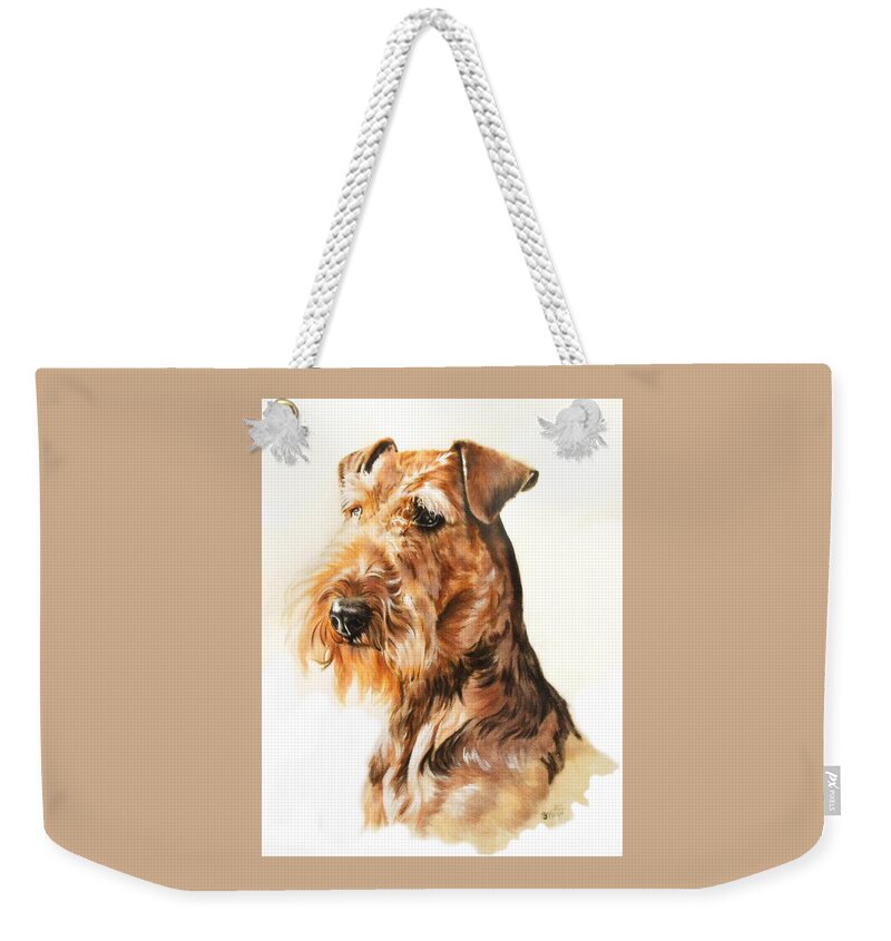 Terrier Weekender Tote Bag featuring the painting Airedale Portrait in Watercolor by Barbara Keith