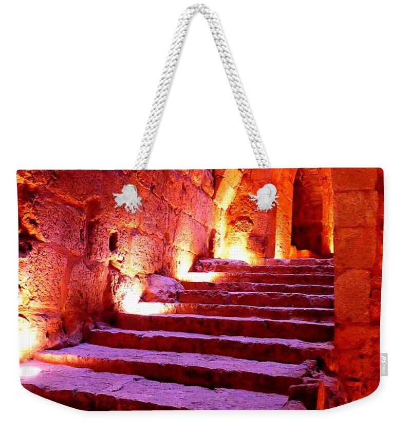 Castle Weekender Tote Bag featuring the photograph Ajloun Castle Stairs by Tina Mitchell