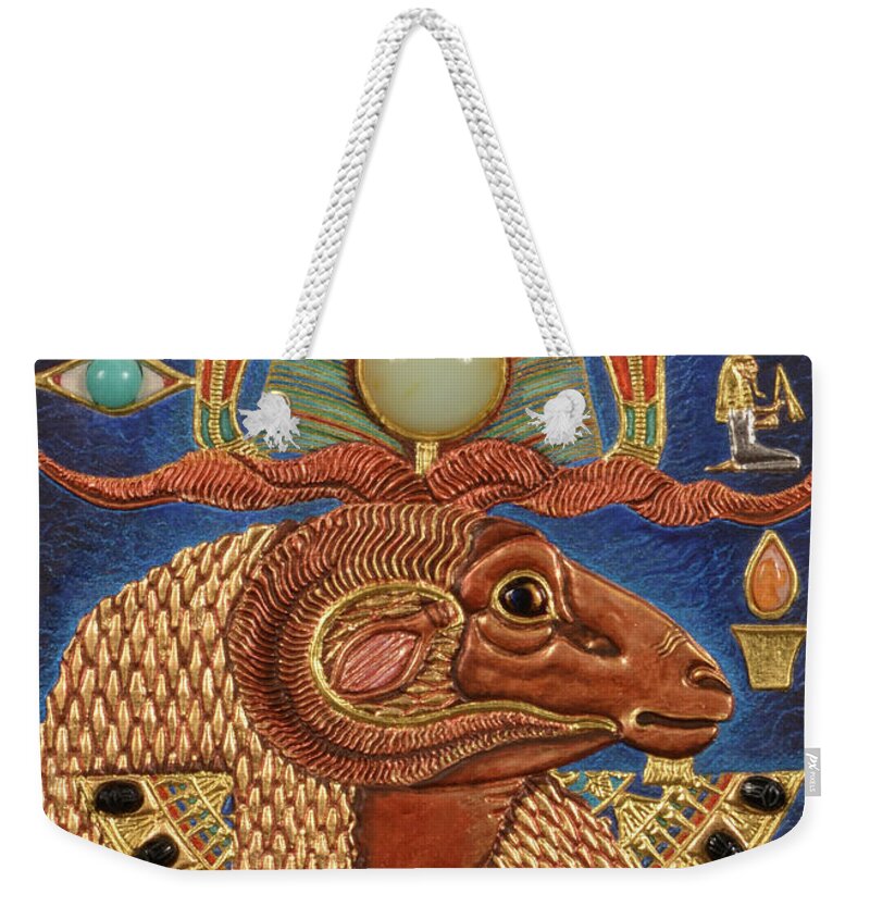 Ancient Weekender Tote Bag featuring the mixed media Akem-Shield of Khnum-Ptah-Tatenen and the Egg of Creation by Ptahmassu Nofra-Uaa