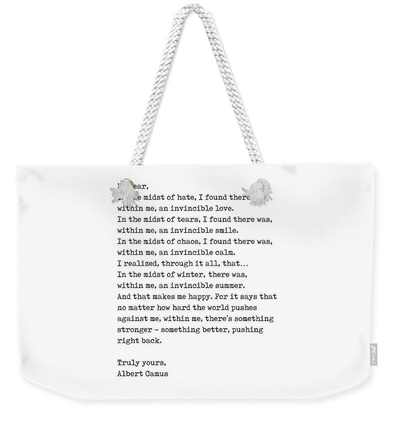Albert Camus Weekender Tote Bag featuring the digital art Albert Camus Quote - Invincible Summer 1 - Typewriter Print - Minimalist, Inspiring Literary Quote by Studio Grafiikka