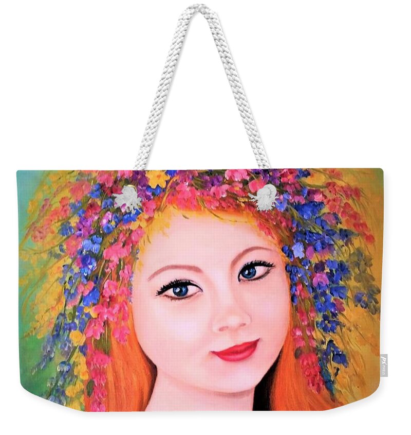Gloss Print Cards (5 7/8 X8 1/4) Of Original Oil Painting Art Alexandra . White Envelop(s) Included Female Face Beautiful Girl Young Woman Flower Wild Flower Summer Flowers Posters Art Prints Weekender Tote Bag featuring the pyrography Alexandra by Tanya Harr