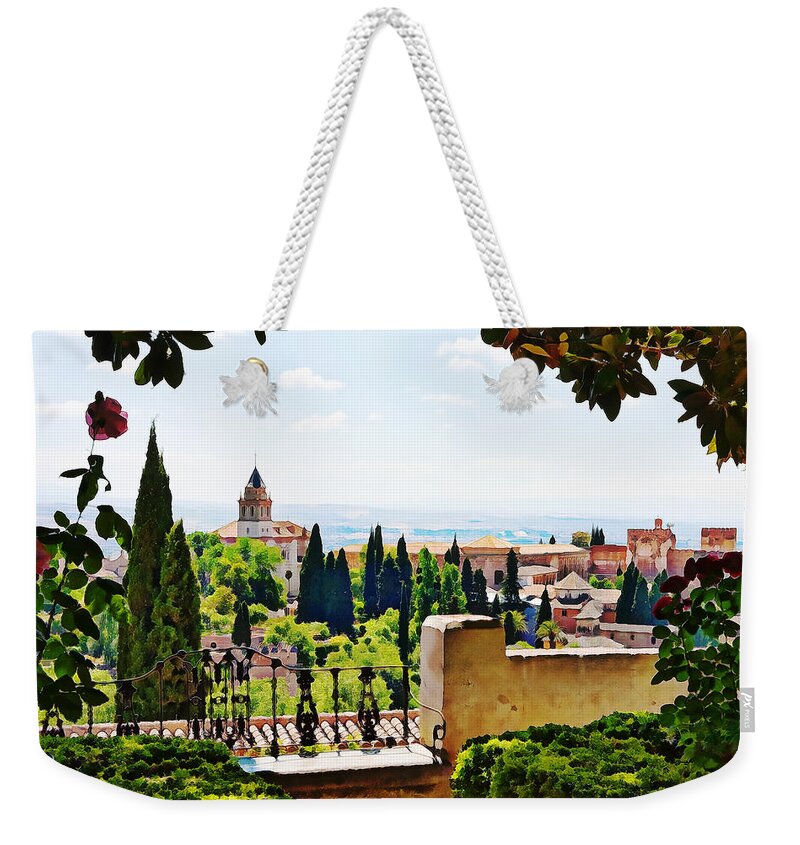 Alhambra Weekender Tote Bag featuring the photograph Alhambra gardens, digital paint by Tatiana Travelways