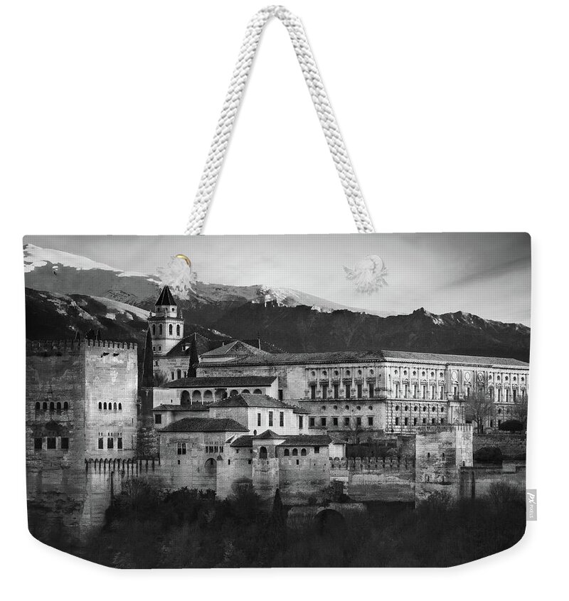 Alhambra Weekender Tote Bag featuring the photograph Alhambra in Granada Spain BW by Rebecca Herranen
