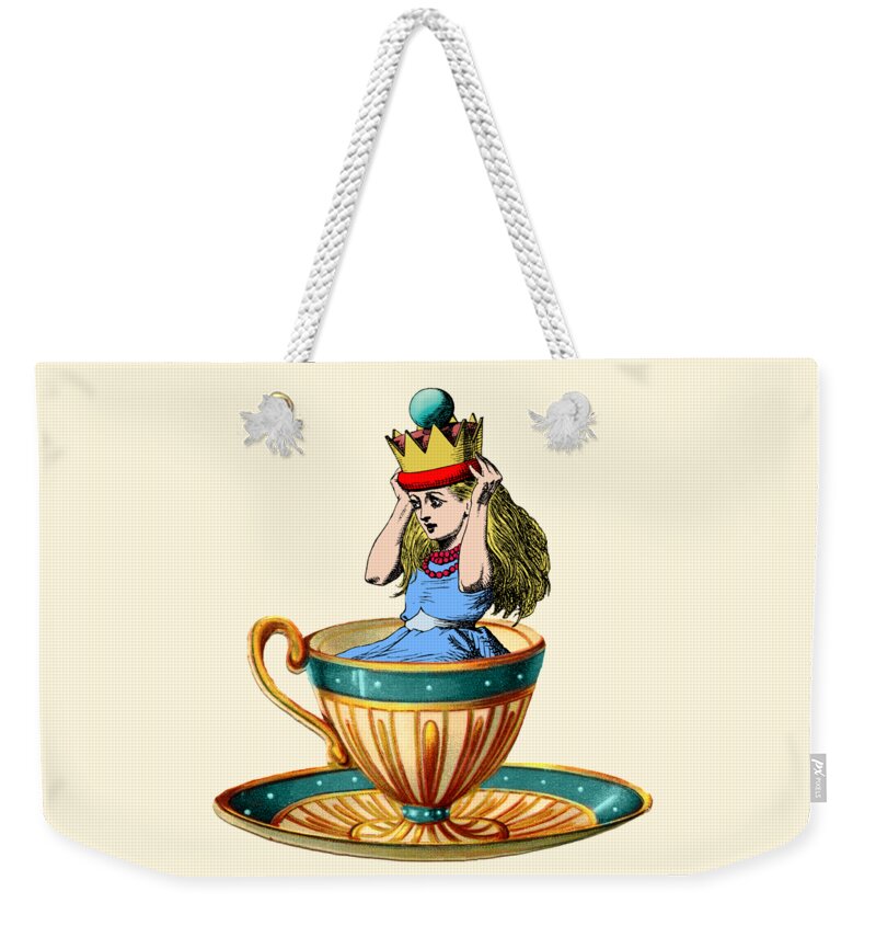 Alice In Wonderland Weekender Tote Bag featuring the mixed media Alice in Wonderland with her crown by Madame Memento