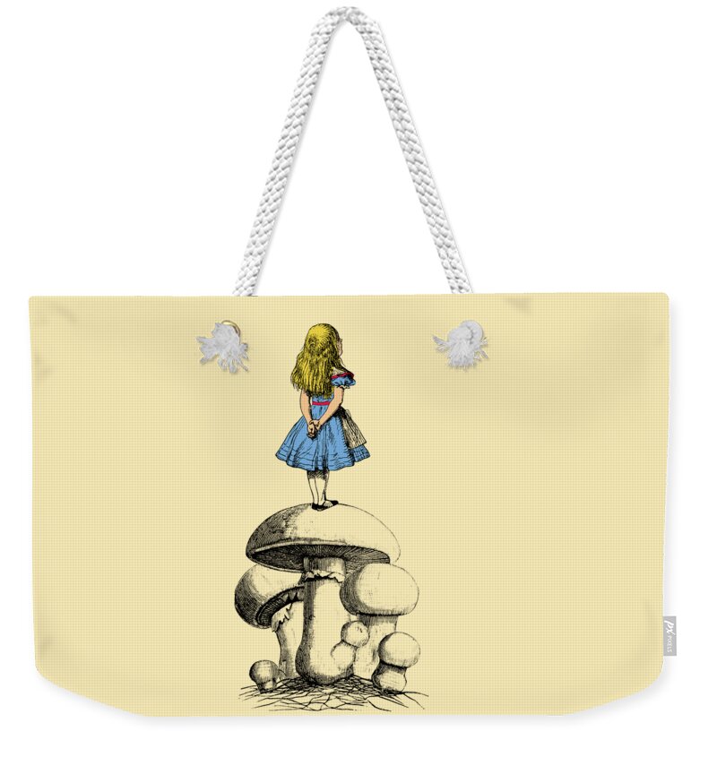 Alice Weekender Tote Bag featuring the digital art Alice on a mushroom by Madame Memento