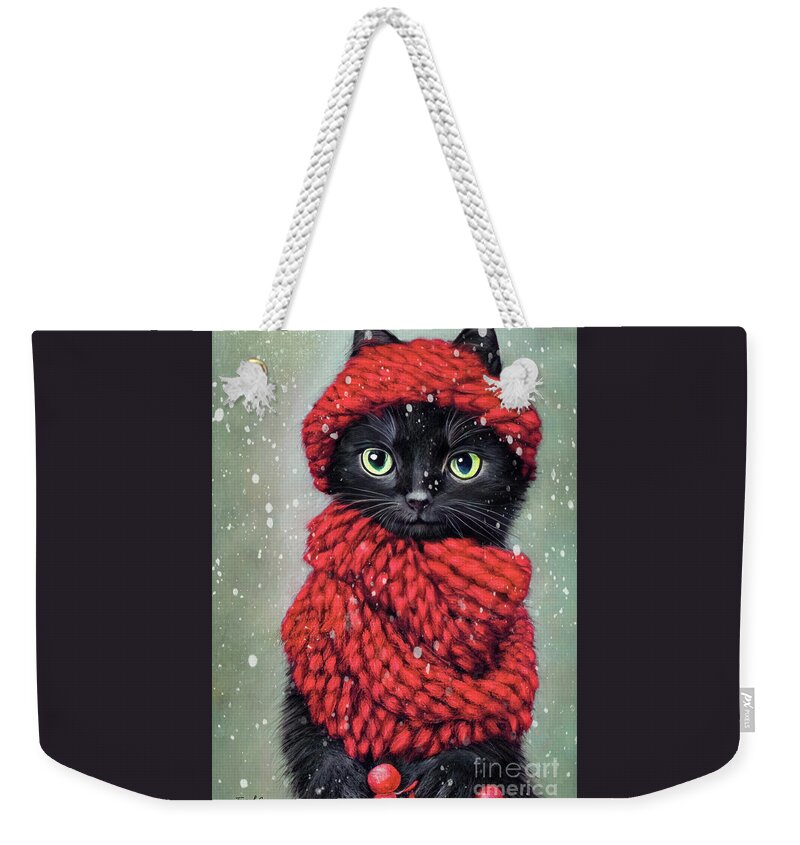 Black Cat Weekender Tote Bag featuring the painting All Bundled Up In Red by Tina LeCour
