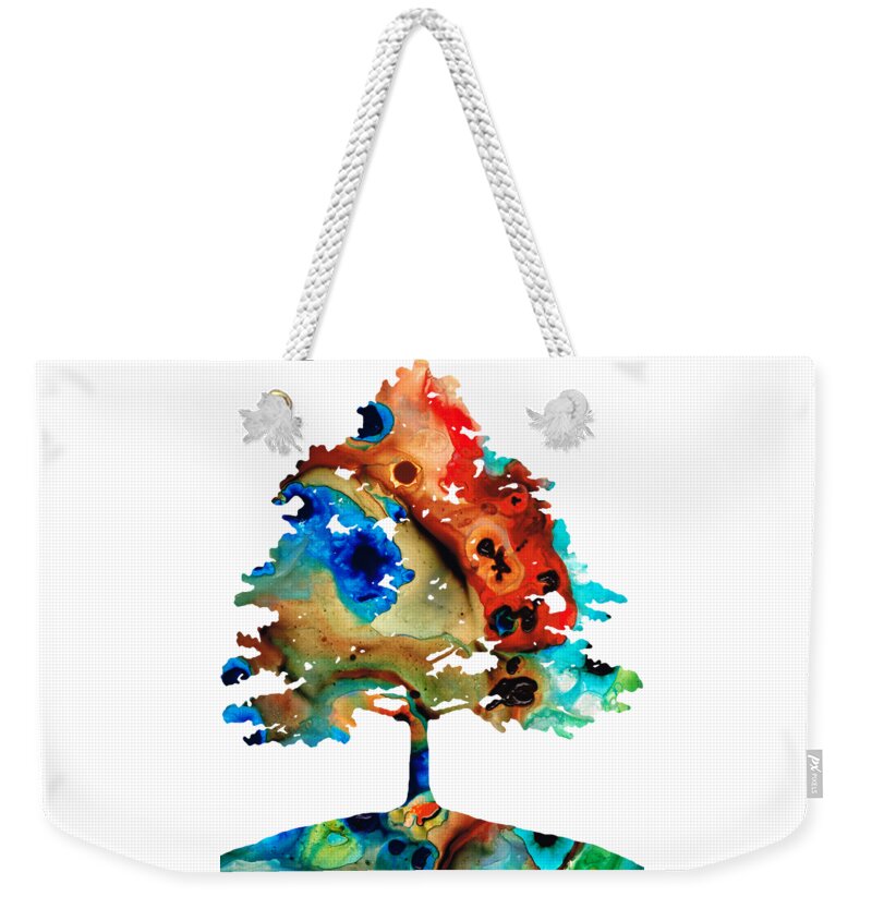 Tree Weekender Tote Bag featuring the painting All Seasons Tree 3 - Colorful Landscape Print by Sharon Cummings