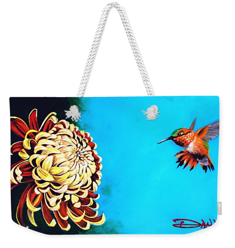 Birds Weekender Tote Bag featuring the painting Allen's Hummingbird and Chrysanthemum by Dana Newman