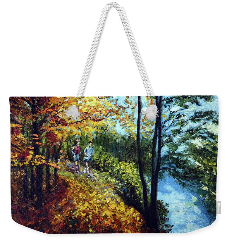 Lake Weekender Tote Bag featuring the painting Alley by the Lake 1 by Harsh Malik