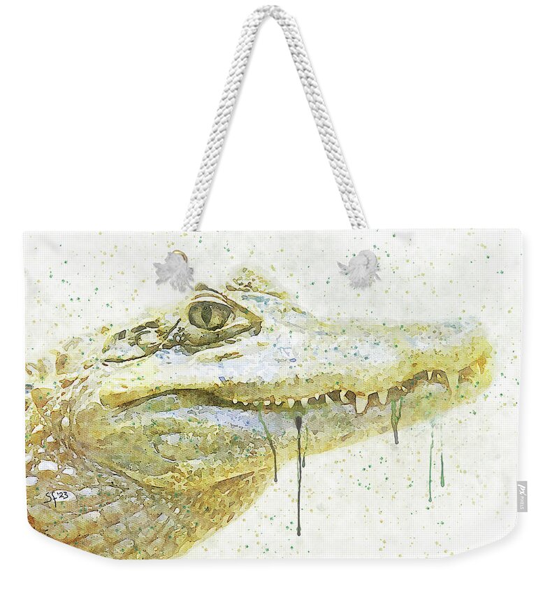 Alligator Weekender Tote Bag featuring the digital art Alligator Smile Watercolor Painting by Shelli Fitzpatrick
