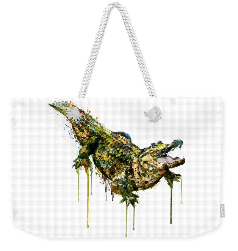 Marian Voicu Weekender Tote Bag featuring the painting Alligator watercolor painting by Marian Voicu