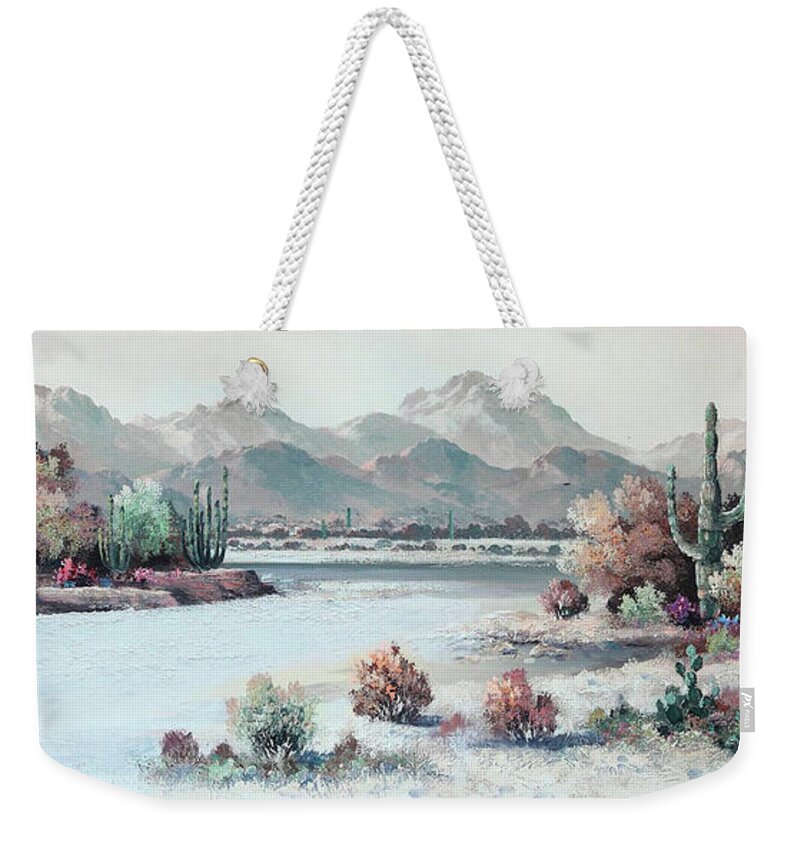 Desert Weekender Tote Bag featuring the painting Alone in the Desert by Leslie Porter