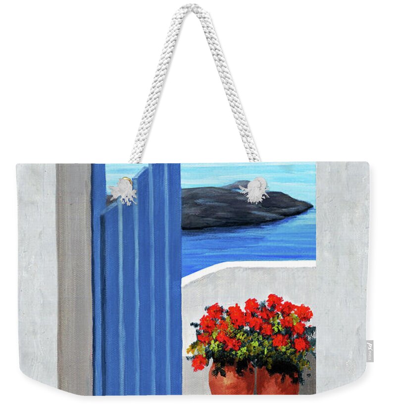Santorini Weekender Tote Bag featuring the painting ALONG THE WAY prints of oil painting by Mary Grden