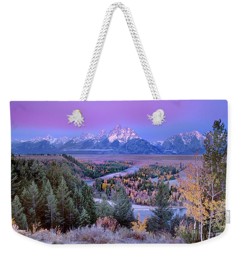 Dave Welling Weekender Tote Bag featuring the photograph Alpenglow Snake River Overlook Grand Tetons Np by Dave Welling