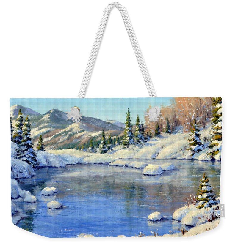 Landscape Weekender Tote Bag featuring the painting Alpine Lake by Rick Hansen