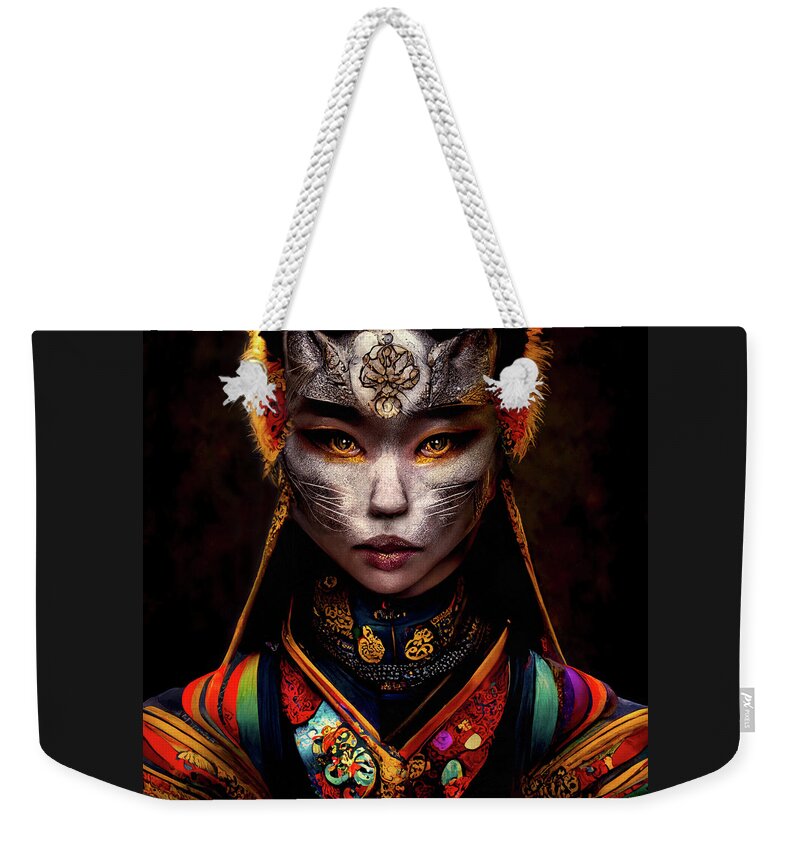 Warriors Weekender Tote Bag featuring the digital art Amala the Tibetan Cat Woman Warrior by Peggy Collins