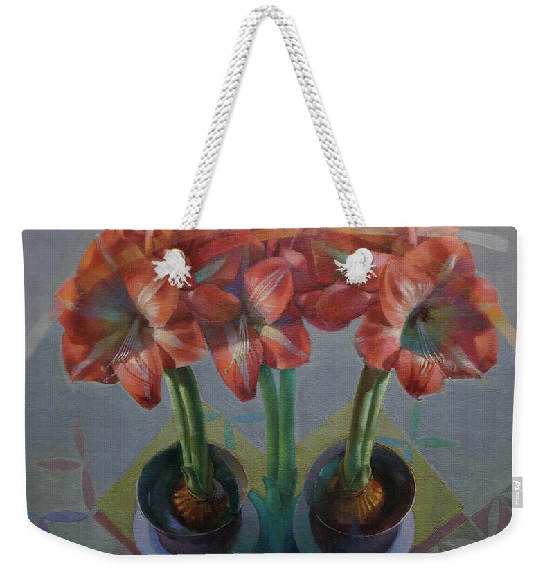 Red Amaryillus Weekender Tote Bag featuring the painting Amaryillus by Cathy Locke