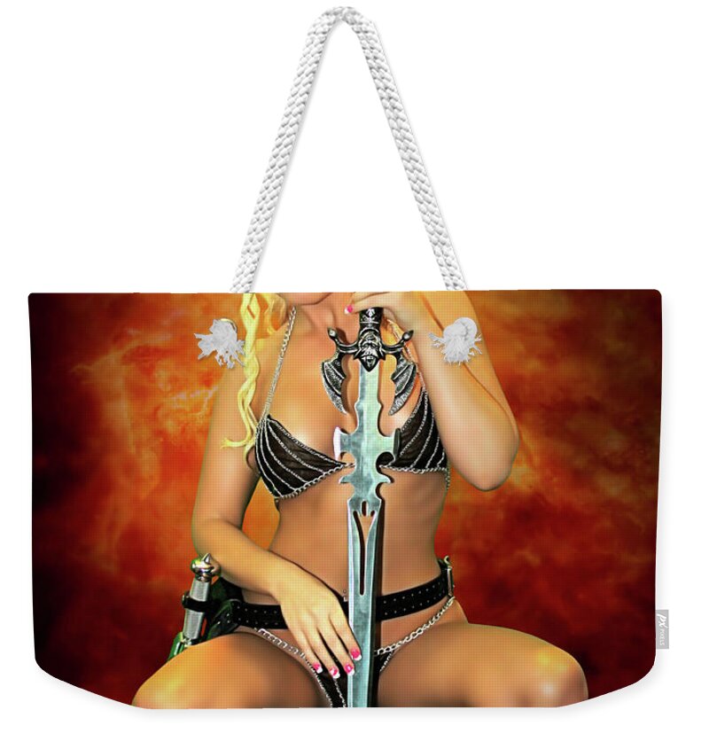Amazon Weekender Tote Bag featuring the photograph Amazon With A Demonic Sword by Jon Volden