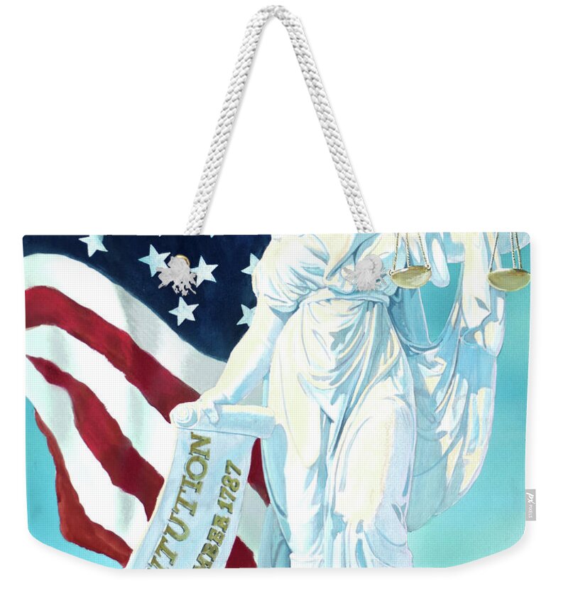 Tom Lydon Weekender Tote Bag featuring the painting America - Genius of America - Justice Holding Scale And Scrolls by Tom Lydon