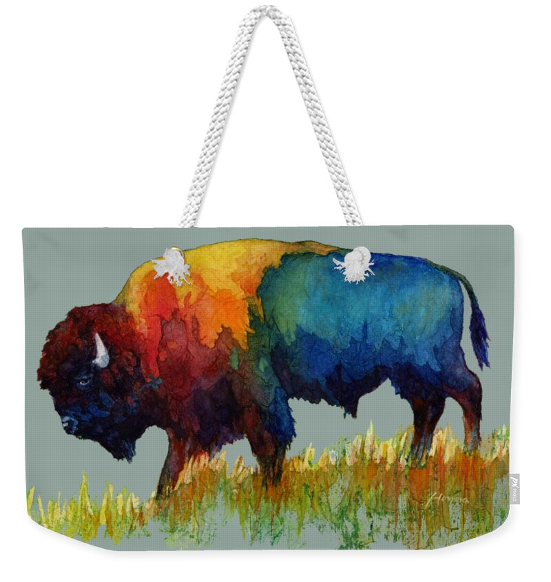 Bison Weekender Tote Bag featuring the painting American Buffalo III-solid background by Hailey E Herrera
