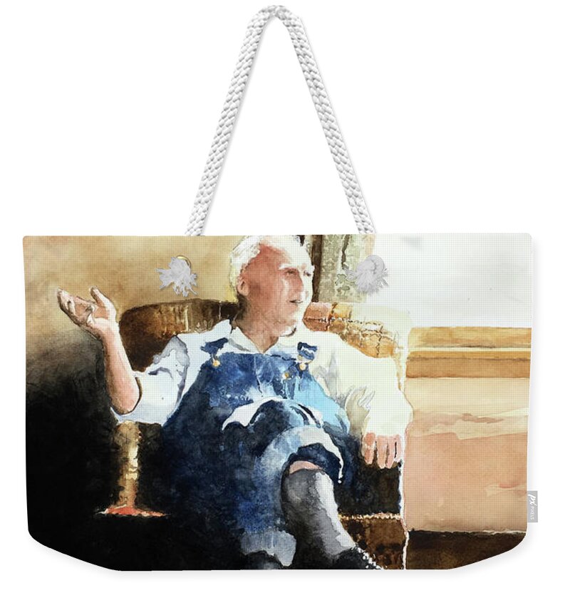  The Bright Mid-day Sunshine Washes Over Mr. Everett Hall As He Sits In A Soft Chair By A Window. Weekender Tote Bag featuring the painting American Farmer Mr Everett Hall by Monte Toon