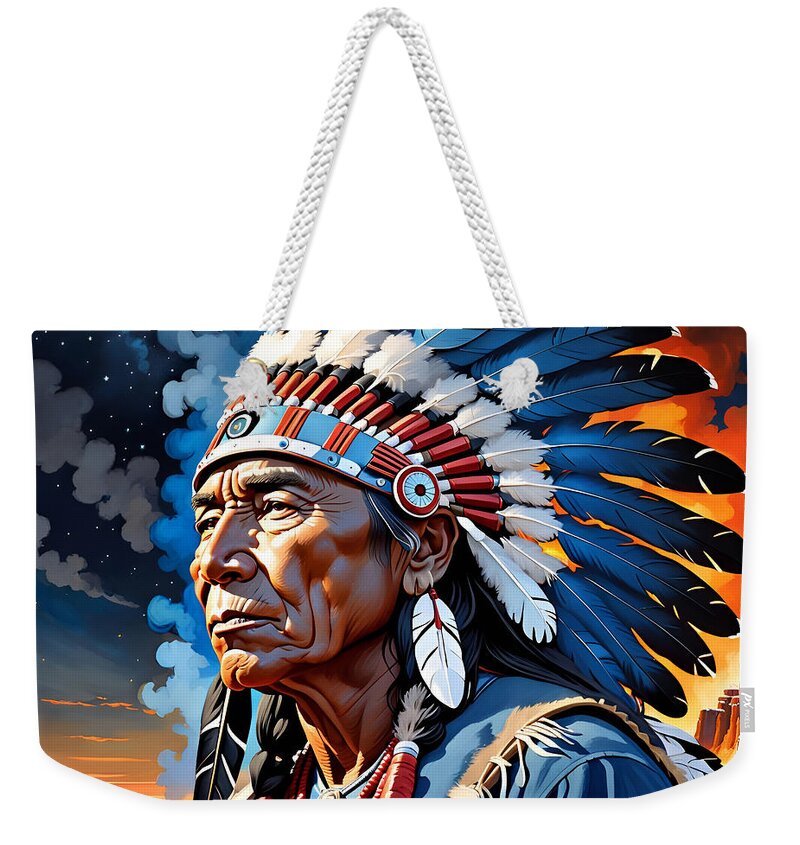 Western Art Weekender Tote Bag featuring the digital art American Indian Chief 2 by Greg Joens