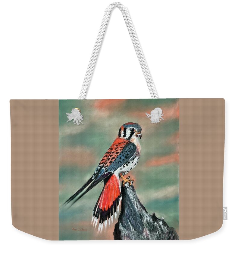 Bird Weekender Tote Bag featuring the pastel American Kestrel by Lyn DeLano
