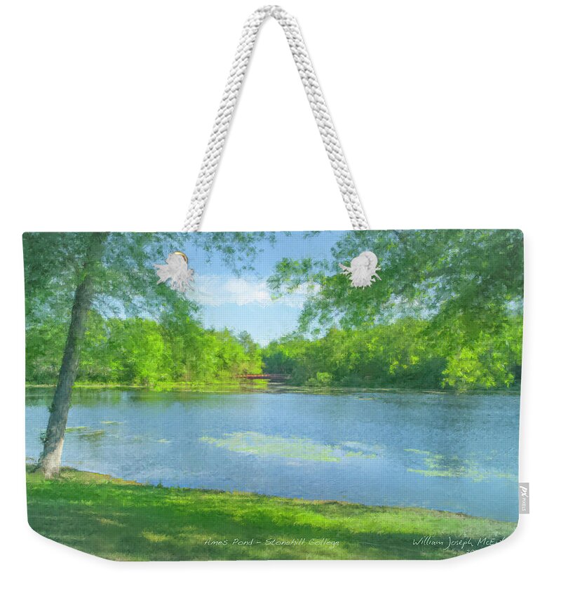 Ames Pond Weekender Tote Bag featuring the painting Ames Pond at Stonehill College by Bill McEntee