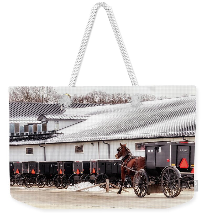 Buggies Weekender Tote Bag featuring the photograph Amish Buggy Parking by Susan Rissi Tregoning
