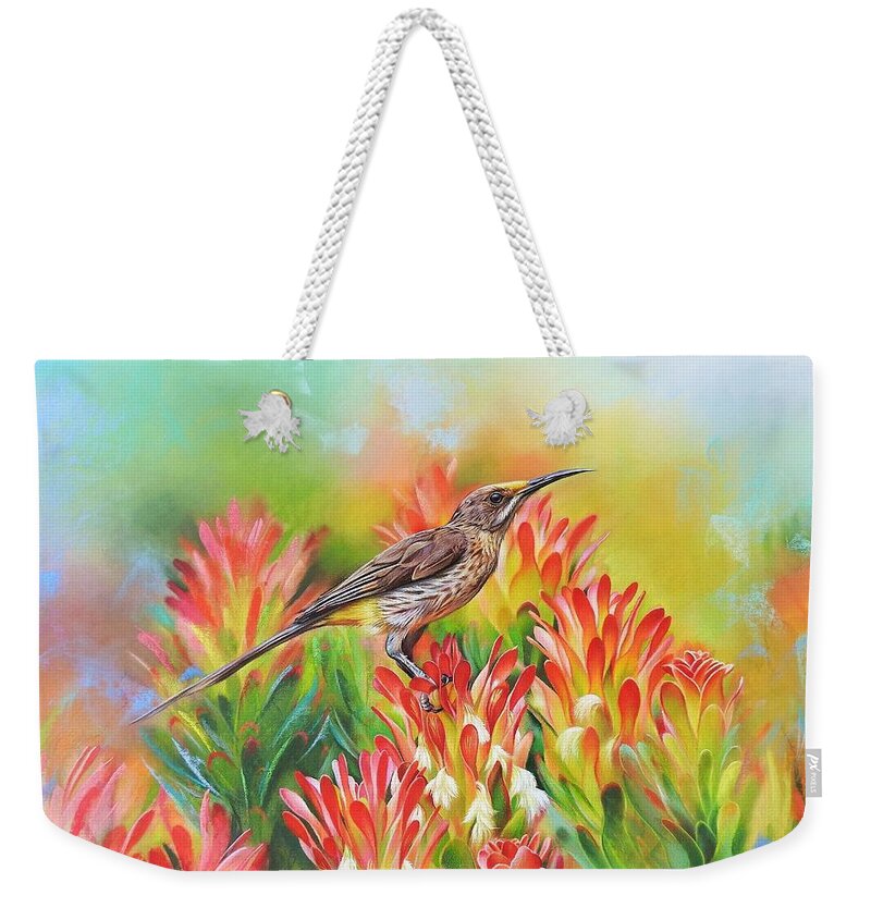 African Wildlife Weekender Tote Bag featuring the mixed media Among proteas - Cape Sugarbird by Elena Kolotusha