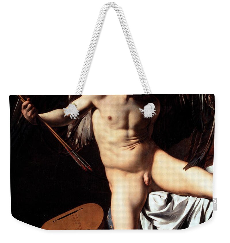 Victorious Cupid Weekender Tote Bag featuring the painting Amor vincit omnia, Victorious Cupid, 1602 by Caravaggio by Caravaggio