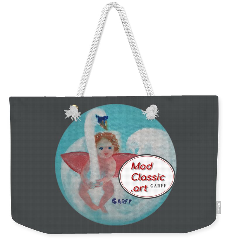 Cupid Weekender Tote Bag featuring the painting Amorino with Swan ModClassic Art Style by Enrico Garff