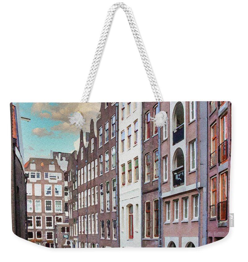 Amsterdam Weekender Tote Bag featuring the digital art Amsterdam Canal Reflection Dry Brush on Sandstone by Ron Long Ltd Photography