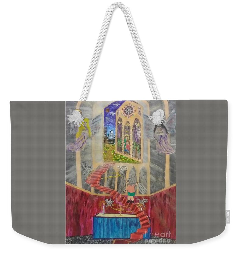 God Weekender Tote Bag featuring the mixed media An Adventure Begins by David Westwood