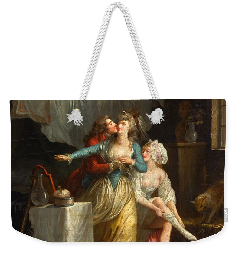 Jean-frederic Schall Weekender Tote Bag featuring the painting An amorous advance in an interior by Jean-Frederic Schall