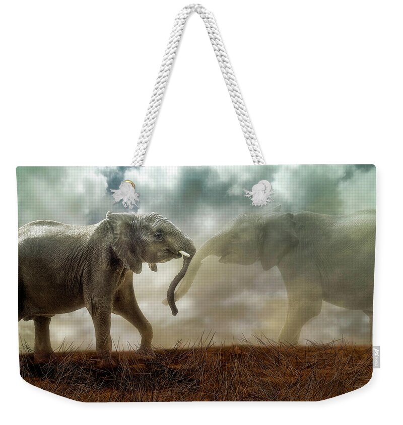 Elephant Weekender Tote Bag featuring the digital art An Elephant Never Forgets by Nicole Wilde