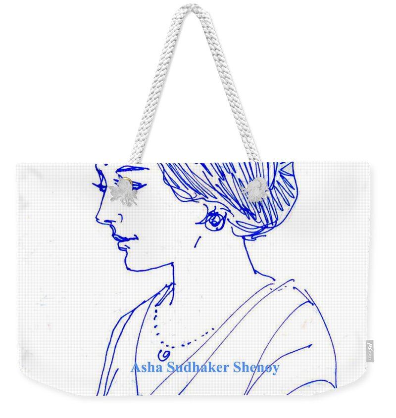 Sari Clad Woman Weekender Tote Bag featuring the drawing An Indian lady in Sari by Asha Sudhaker Shenoy