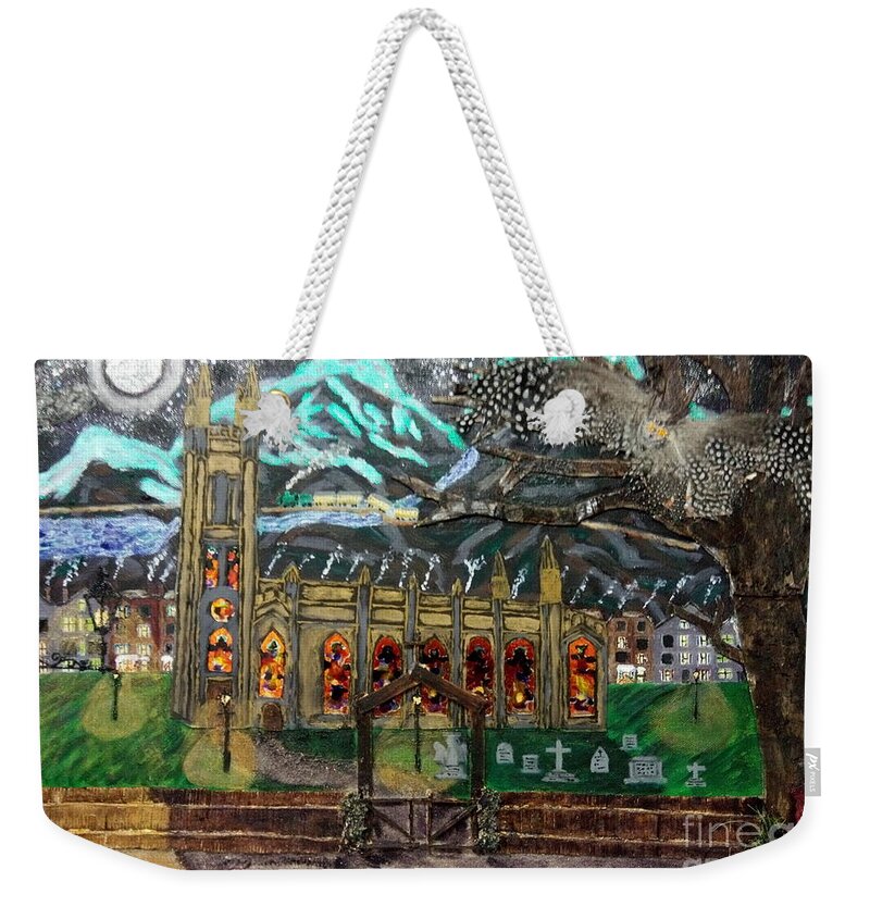 Church Weekender Tote Bag featuring the mixed media An Owl with a View by David Westwood
