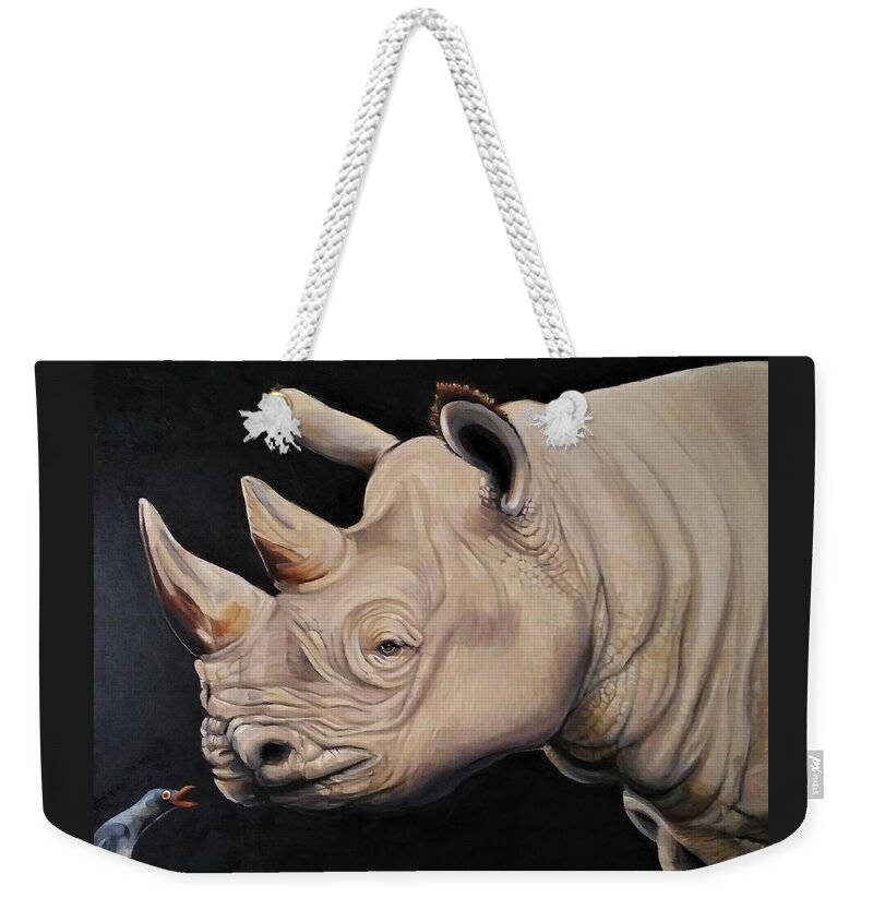 Rhinoceros Weekender Tote Bag featuring the painting An Unlikely Friendship by Jean Cormier