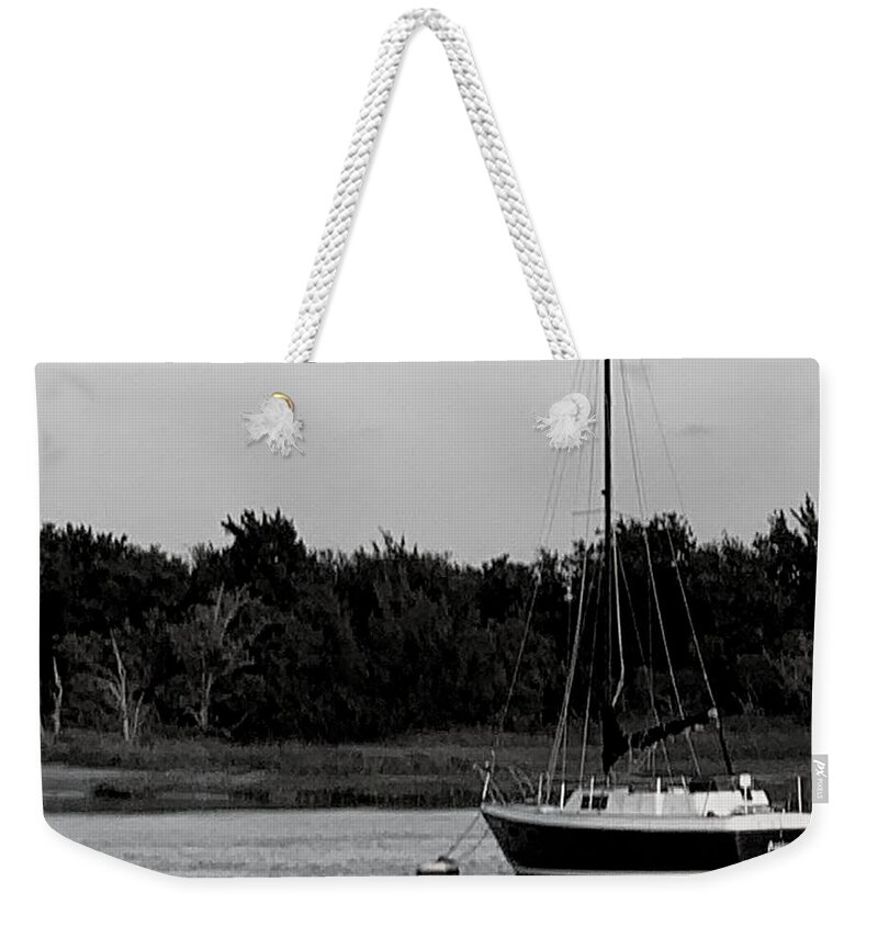 Beaufort Weekender Tote Bag featuring the photograph Anchored in Beaufort Town BW by Lee Darnell