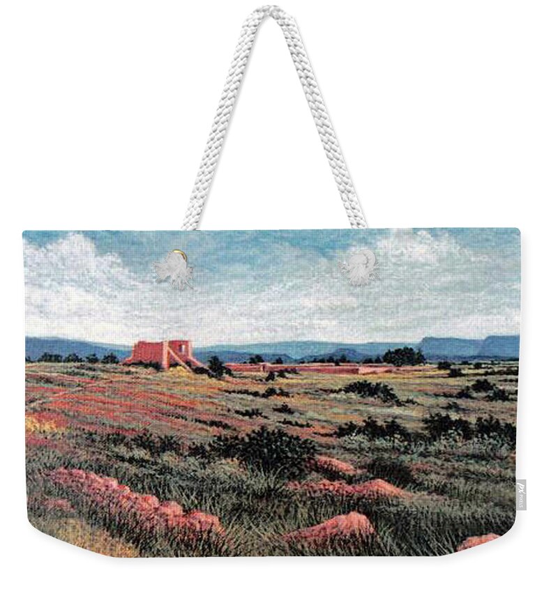 Landscape Weekender Tote Bag featuring the painting Ancient Mission Ruins No.1 - New Mexico by George Lightfoot