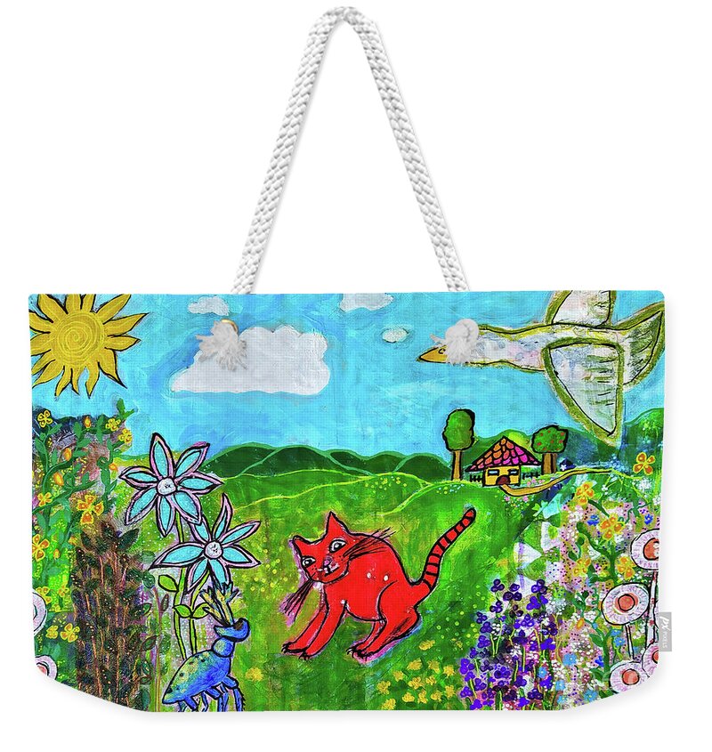 Cat Weekender Tote Bag featuring the mixed media And Who Are You - Und Wer Bist Du by Mimulux Patricia No