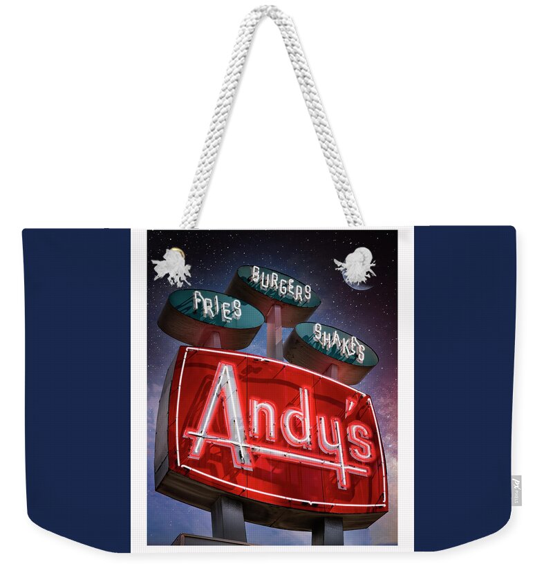 Andy's Weekender Tote Bag featuring the photograph Andy's Igloo Drive In at night by ARTtography by David Bruce Kawchak