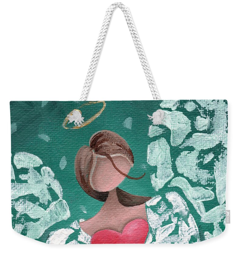 Angel Weekender Tote Bag featuring the painting Angel Hearted - Teal Square by Annie Troe