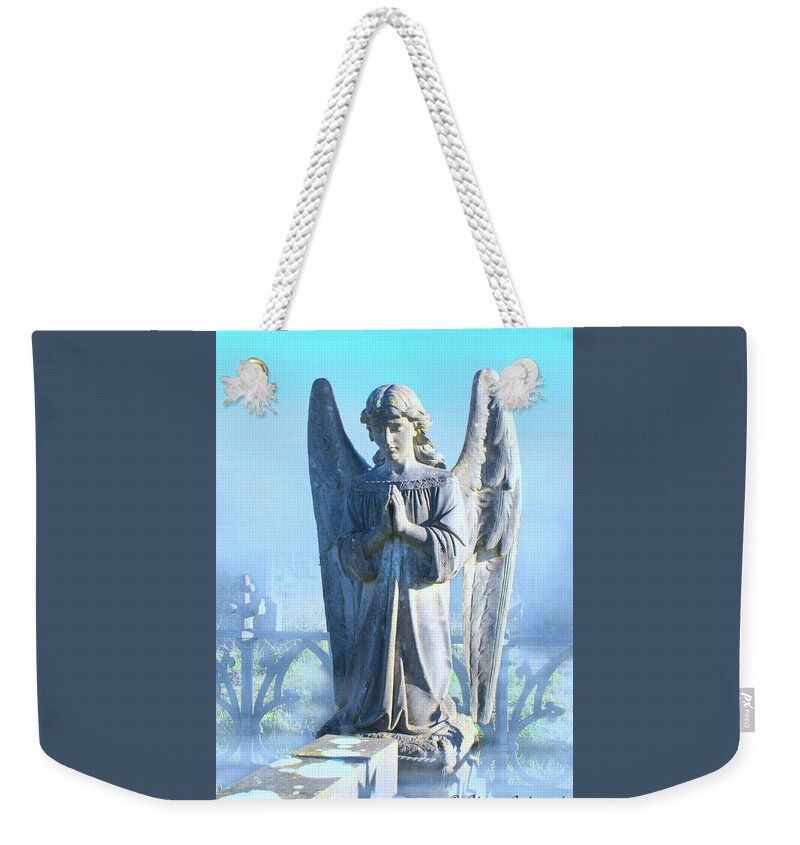 Angel Weekender Tote Bag featuring the pyrography Angel Statue in the Mist by Alan Ackroyd